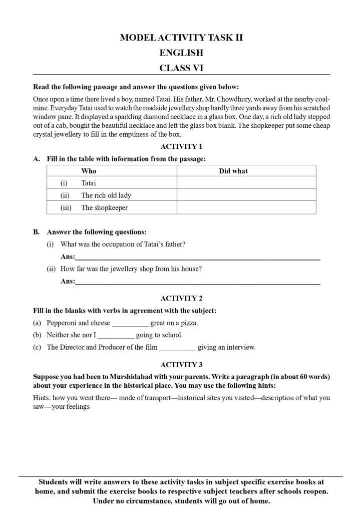 Class 6 English 2nd Series 2021 Model Activity Task