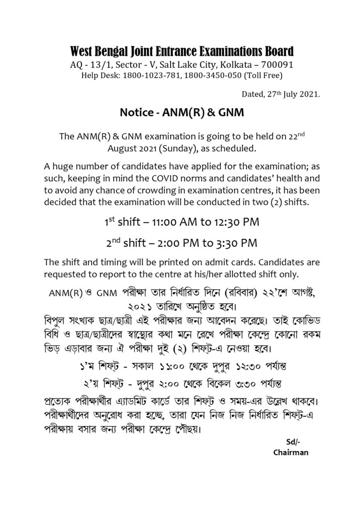 Admit Card for ANM & GNM Exam