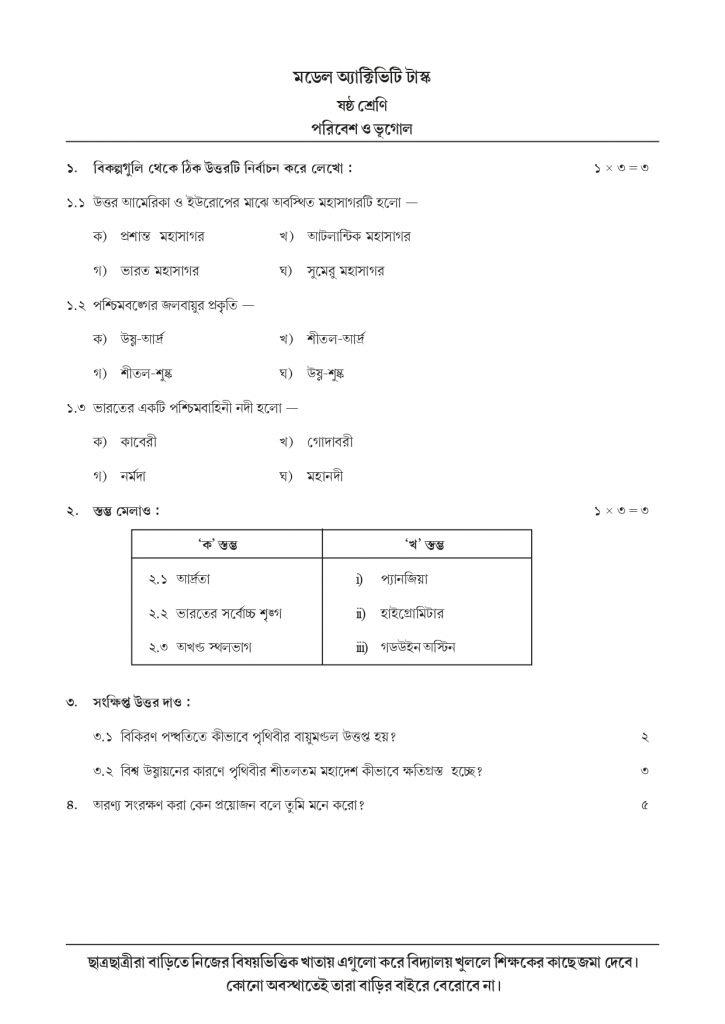 Class 6 Model Activity Task Geography September