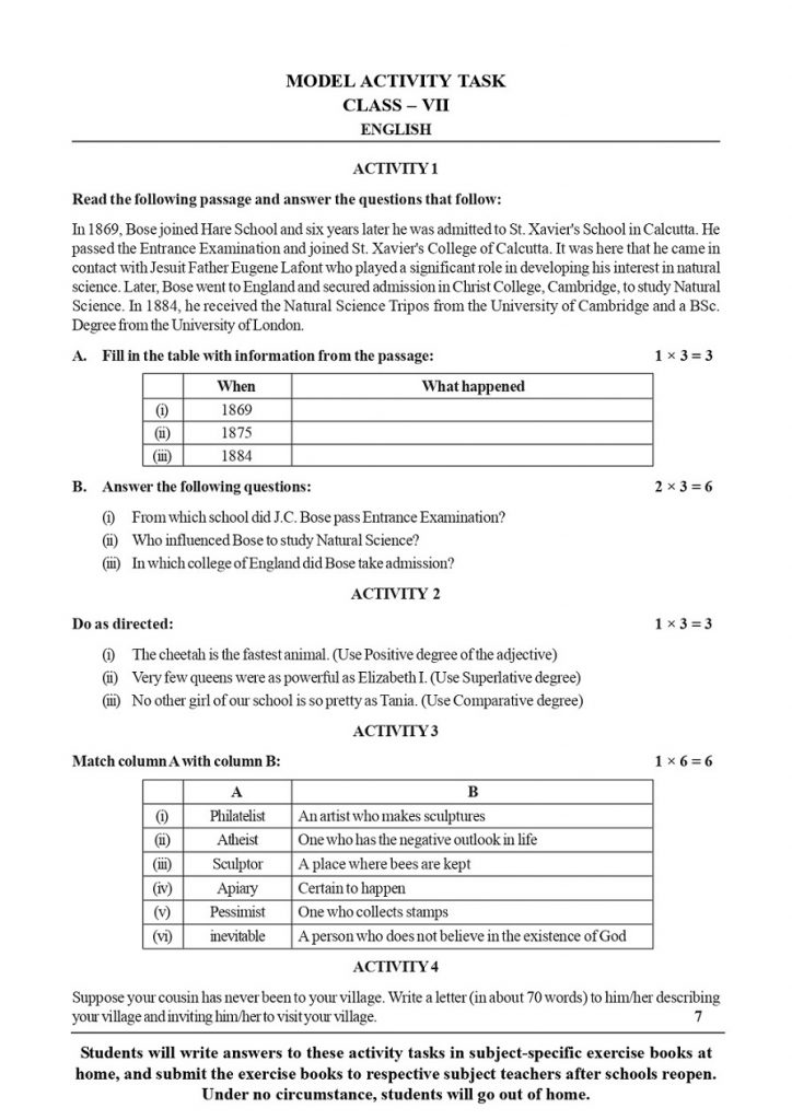 Class 7 Model Activity Task English September, 2021