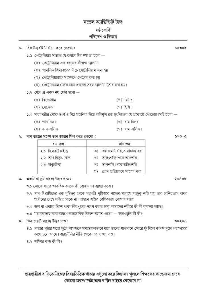  Class 6 Poribesh Model Activity Task October, 2021 Part- 7  পরিবেশ ও বিজ্ঞান 