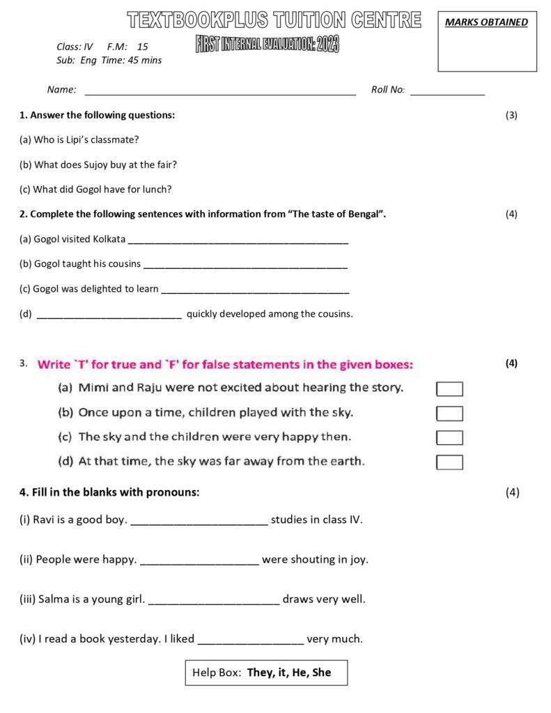 Class-4 English First-Unit-Test Exam-Question-2023