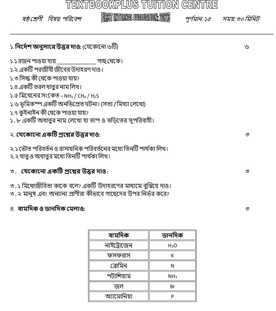 Class-6 First-Unit-Test Poribesh Question-2023